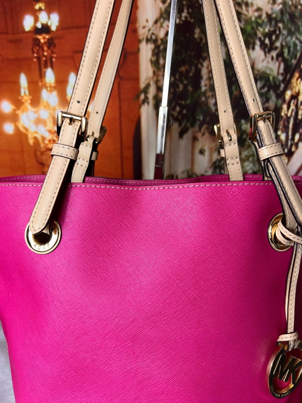 Michael Kors Jet Set Travel Tote Hot Pink Fushia Saffiano Leather Cream Handles - Picture 5 of 17